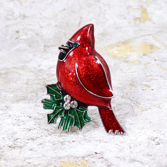Red cardinal pin brooch with green leaves and crystals and green crystal eye - Picture 1 of 5